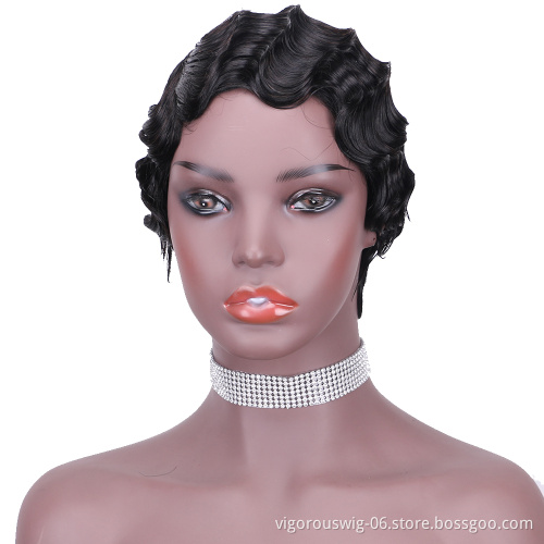 Vigorous Pixie Cut Black Short Curly Wigs for African American Women Real 100% Human Hair Finger Wave Wig